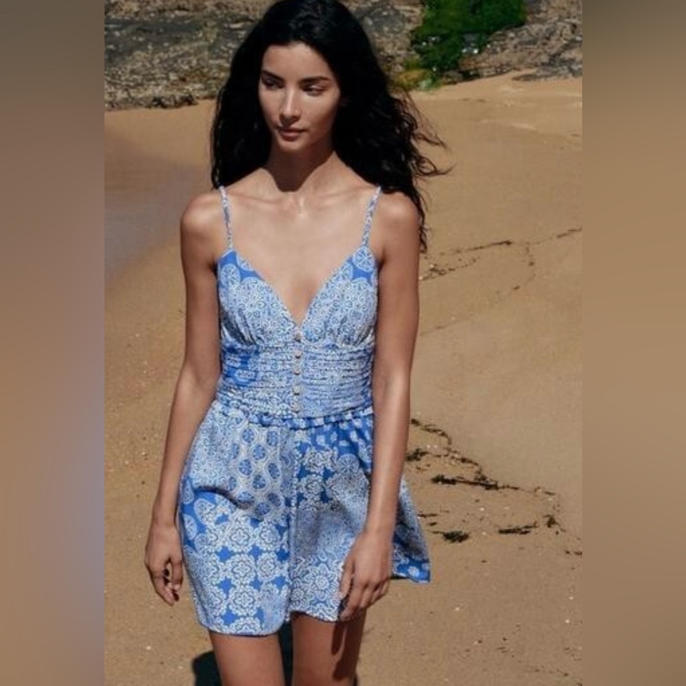 Zara Blue and White Patterned Jumpsuit
